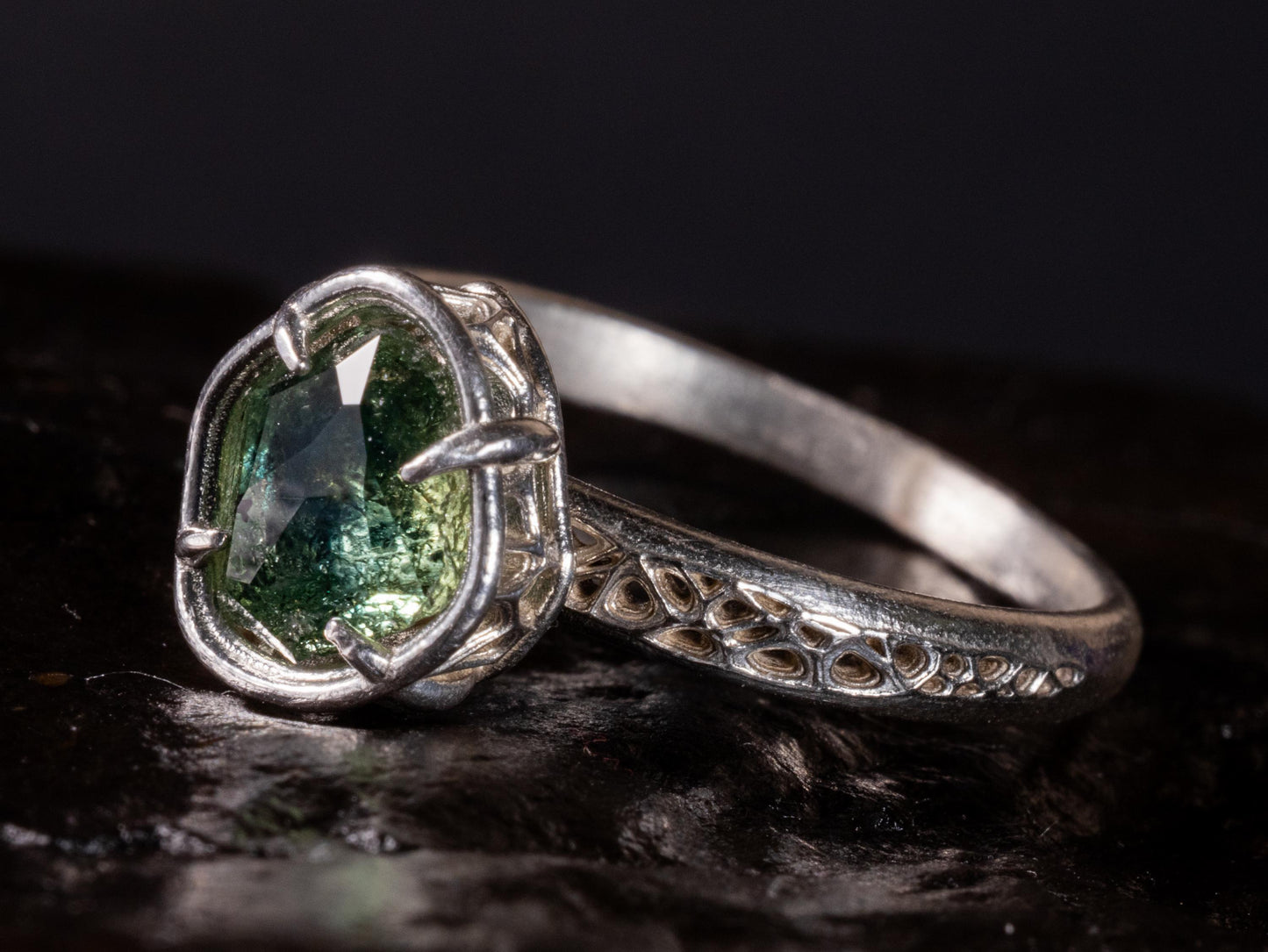 Green Montana Sapphire Ring in Sterling Silver | Hand Cut One of a Kind Gemstone Ring 