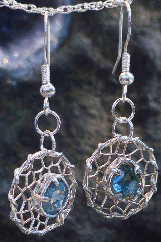 Hand Cut Montana Sapphire Earrings – Sterling Silver Organic Lattice Drops, item 1024 silver, Sapphire