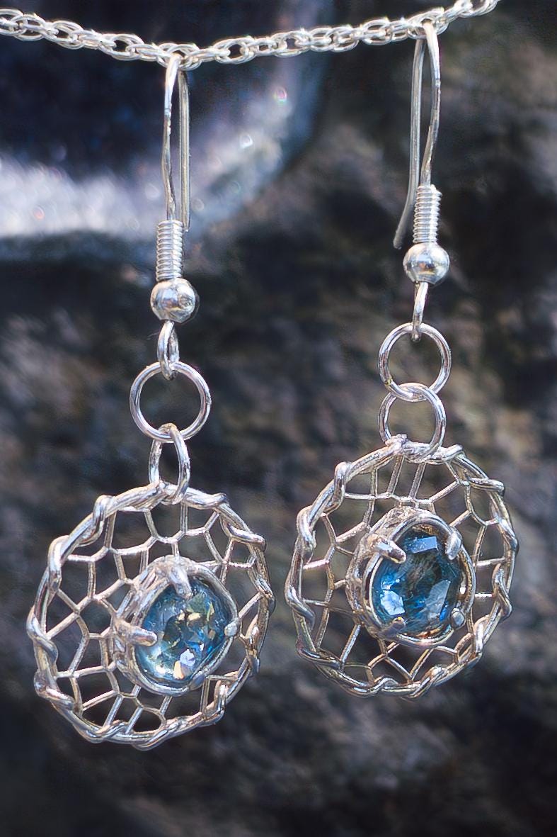 Hand Cut Montana Sapphire Earrings – Sterling Silver Organic Lattice Drops, item 1024 silver, Sapphire