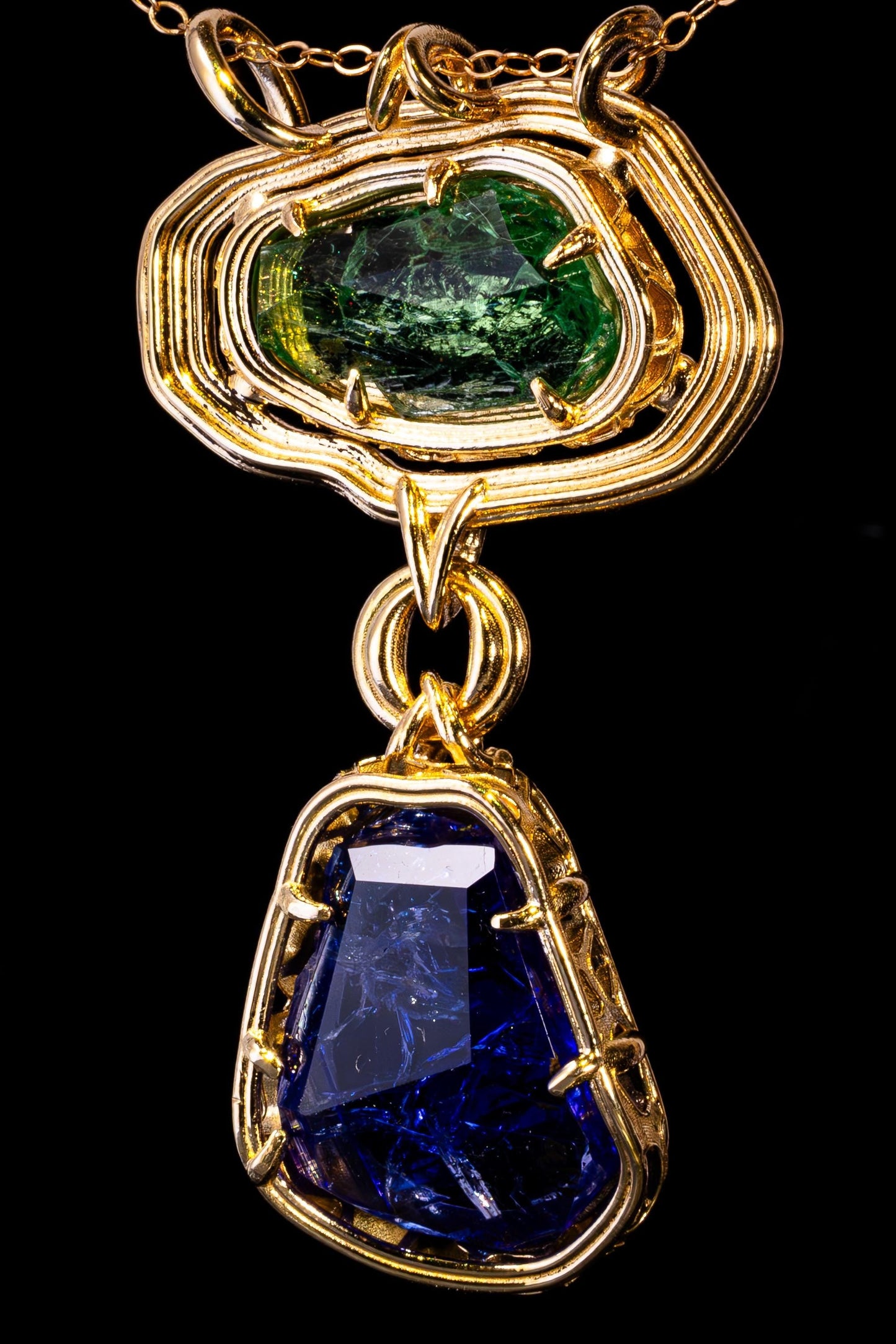 The Verdant Relic | Hiddenite & Tanzanite Pendant in Solid 18k Gold | One of a Kind 