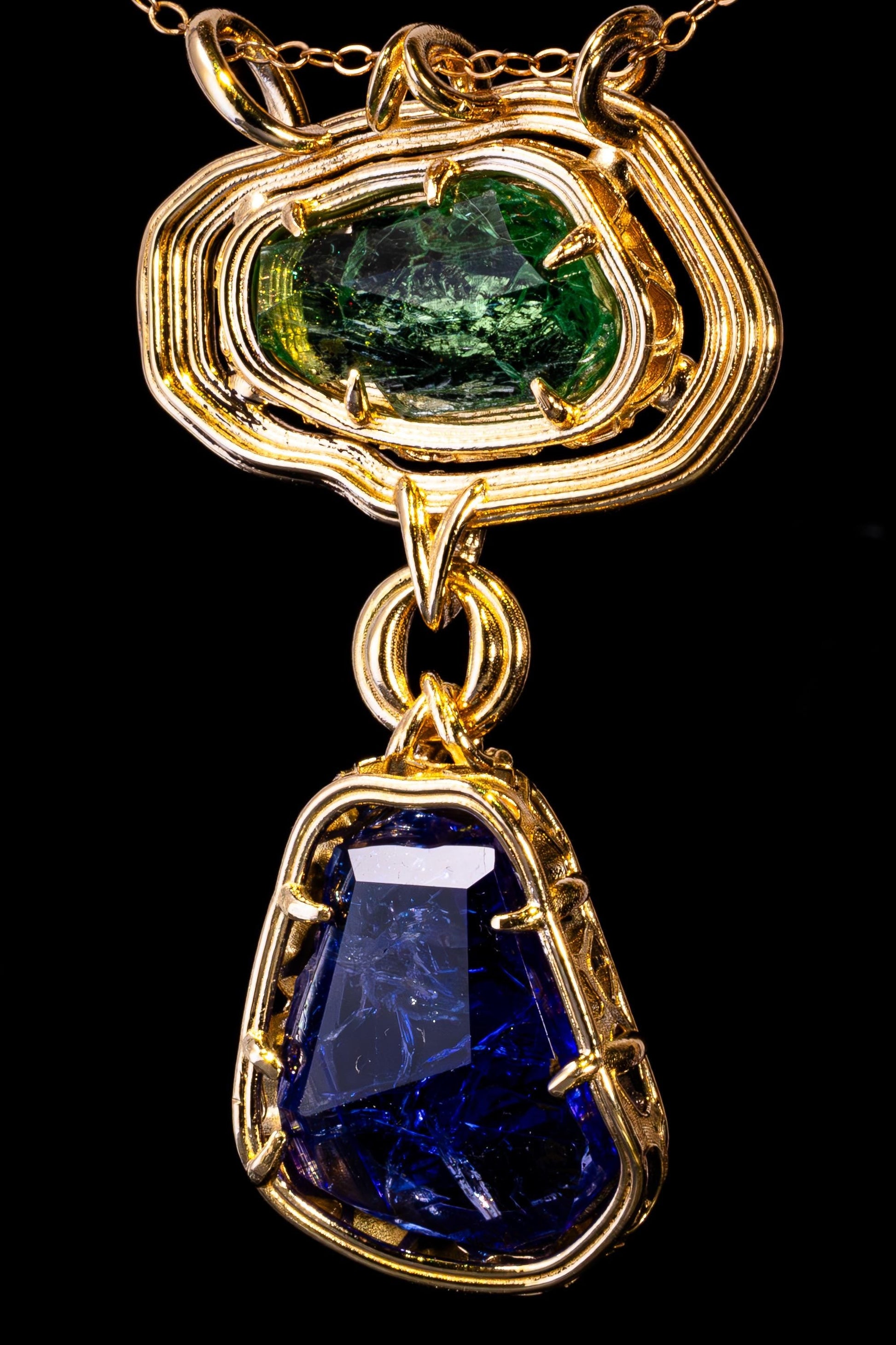 The Verdant Relic | Hiddenite & Tanzanite Pendant in Solid 18k Gold | One of a Kind 