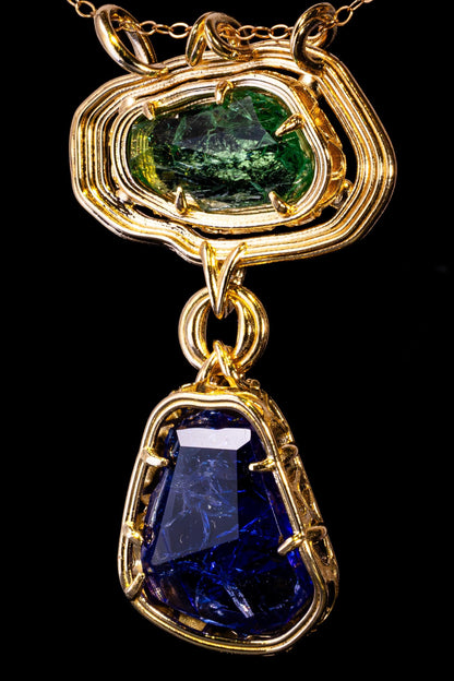 The Verdant Relic | Hiddenite & Tanzanite Pendant in Solid 18k Gold | One of a Kind 