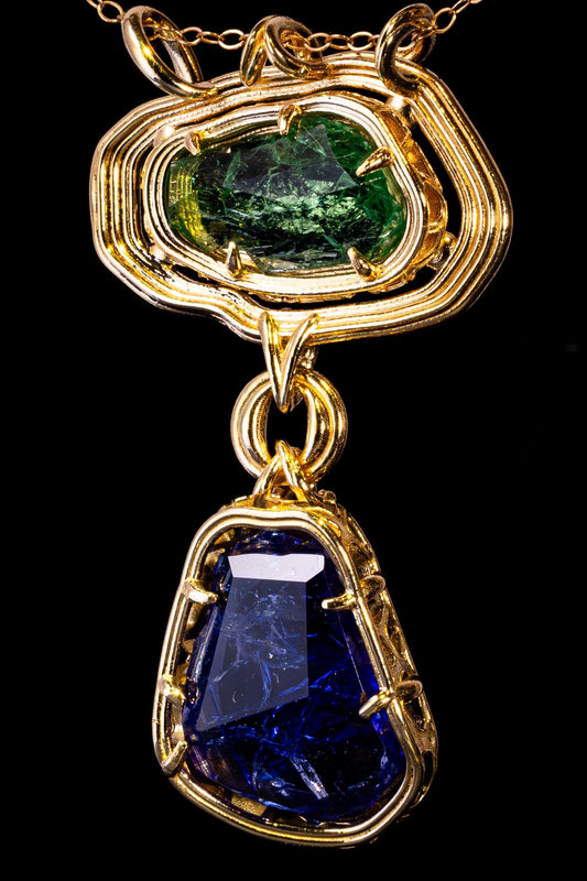 The Verdant Relic | Hiddenite & Tanzanite Pendant in Solid 18k Gold | One of a Kind 