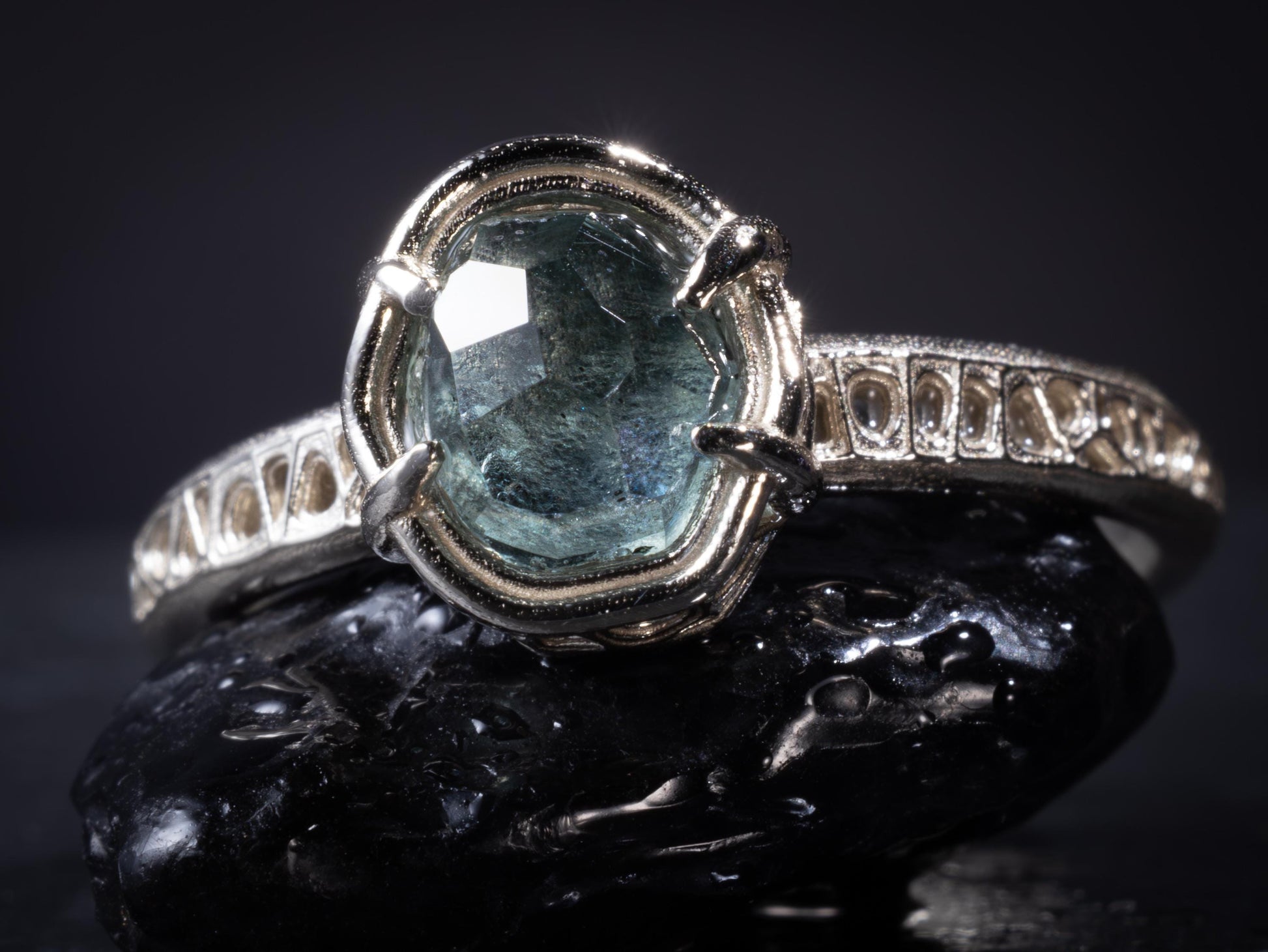 Natural Unheated Montana Sapphire Ring in 10K White Gold | Hand Cut | One of a Kind Artisan Ring | Size 7.25 