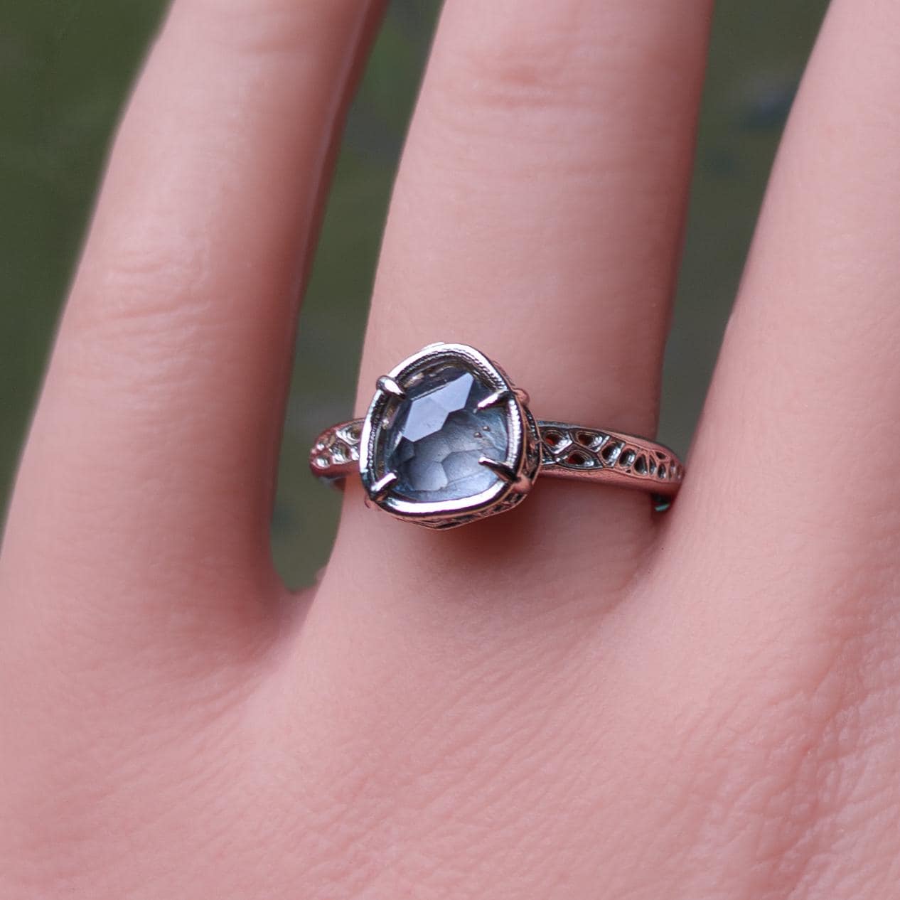 Unheated Montana Sapphire Ring in 14k White Gold | One of a Kind Organic Sapphire Ring | Size 7.25 