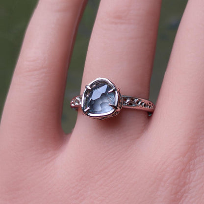 Unheated Montana Sapphire Ring in 14k White Gold | One of a Kind Organic Sapphire Ring | Size 7.25 