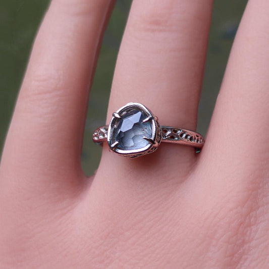 Unheated Montana Sapphire Ring in 14k White Gold | One of a Kind Organic Sapphire Ring | Size 7.25 