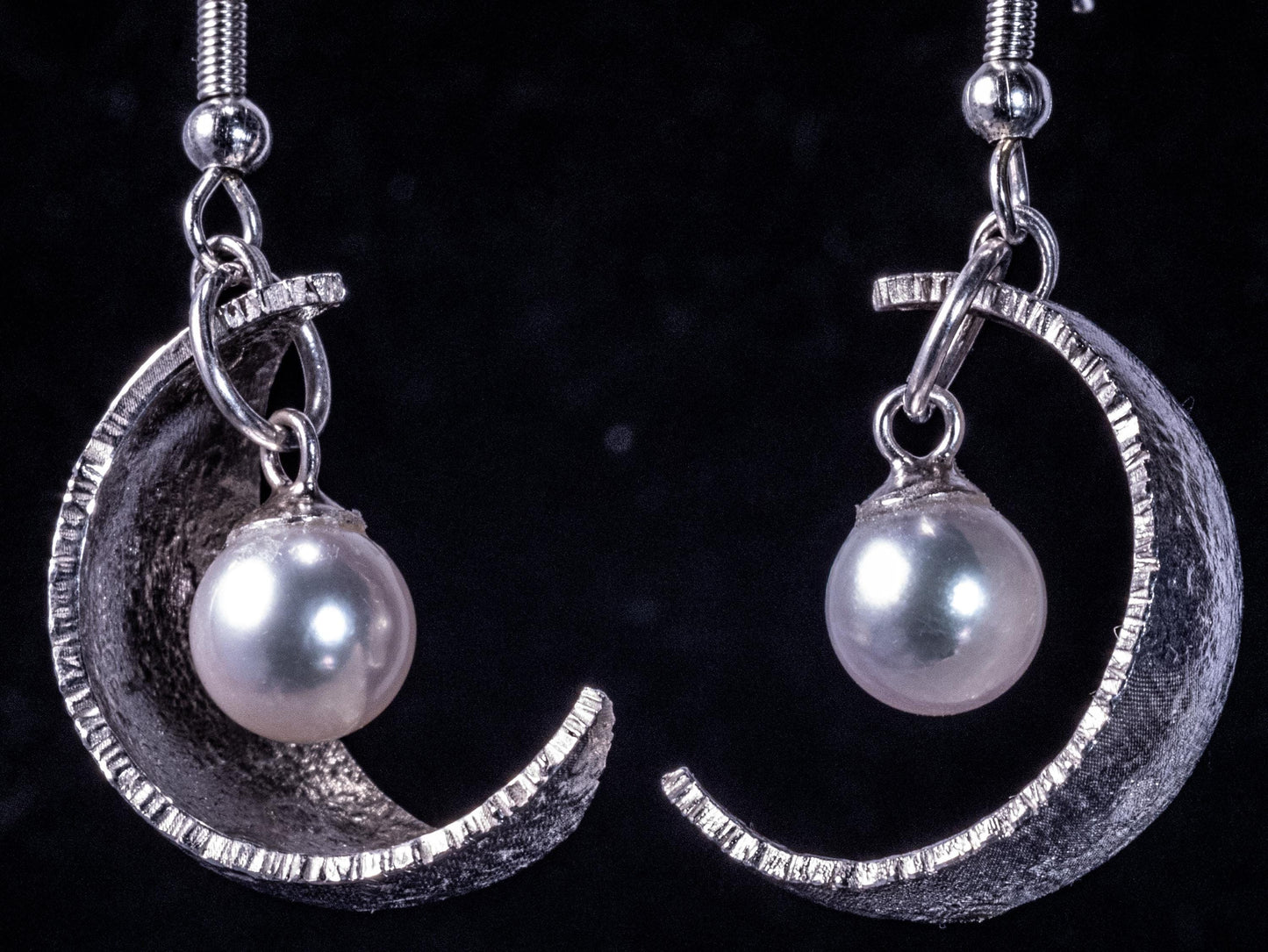 Sterling Silver Crescent Moon Pearl Earrings | 7mm Akoya Pearls | Celestial Lunar Jewelry | Handmade Moon Earrings 