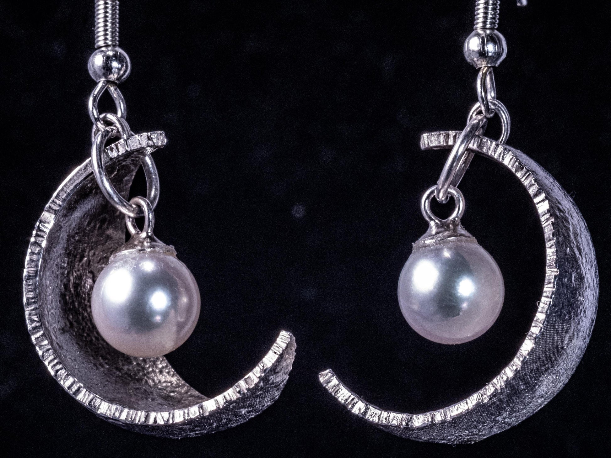 Sterling Silver Crescent Moon Pearl Earrings | 7mm Akoya Pearls | Celestial Lunar Jewelry | Handmade Moon Earrings 