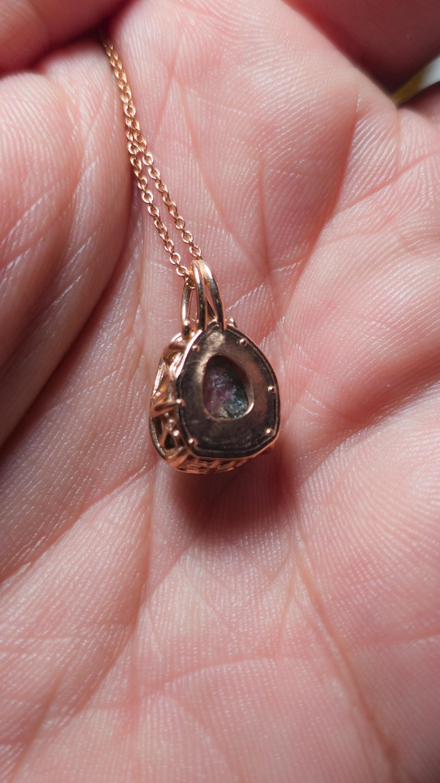 Hand Cut Watermelon Tourmaline Pendant in 10K Rose Gold | One of a Kind Portal Cut Gemstone Necklace 