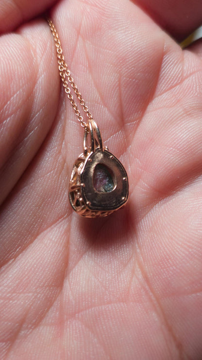 Hand Cut Watermelon Tourmaline Pendant in 10K Rose Gold | One of a Kind Portal Cut Gemstone Necklace 