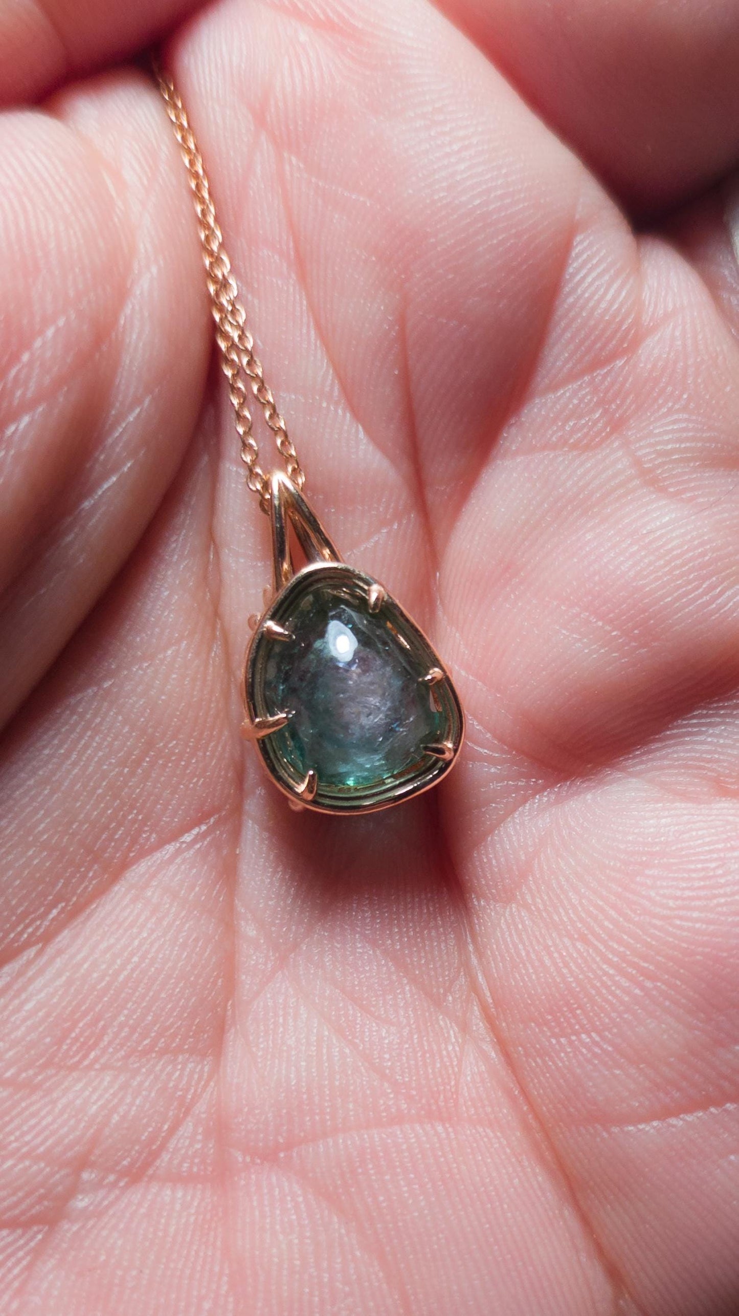 Hand Cut Watermelon Tourmaline Pendant in 10K Rose Gold | One of a Kind Portal Cut Gemstone Necklace 