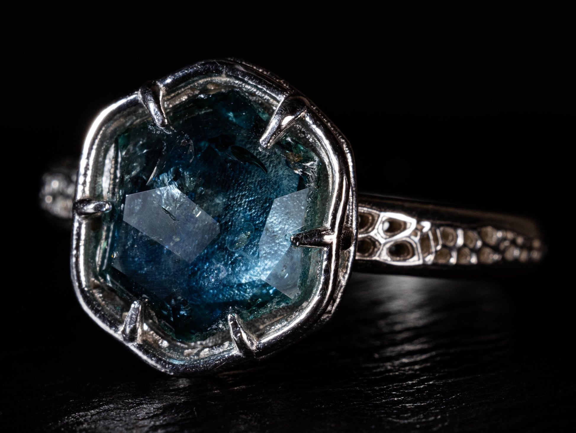 Hand Cut Montana Sapphire Ring in Sterling Silver | One of a Kind Teal Blue Gemstone 