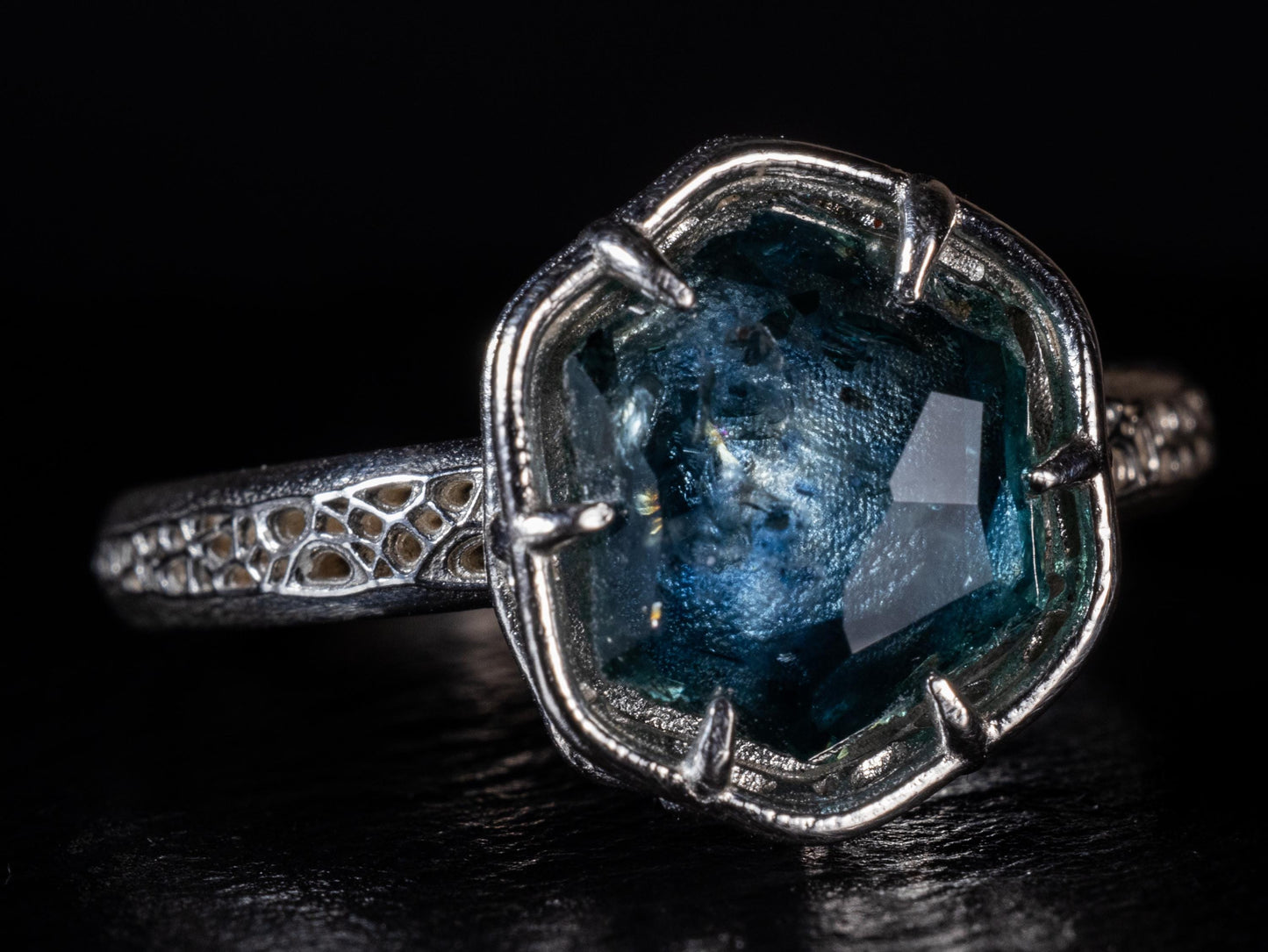 Hand Cut Montana Sapphire Ring in Sterling Silver | One of a Kind Teal Blue Gemstone 