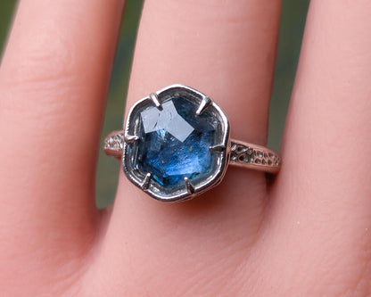 Hand Cut Montana Sapphire Ring in Sterling Silver | One of a Kind Teal Blue Gemstone 
