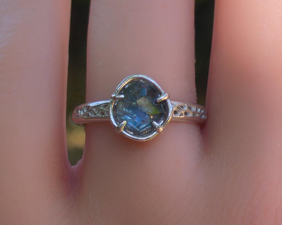 Hand Cut Montana Sapphire Ring | Teal Green Sapphire in Sterling Silver | One of a Kind 