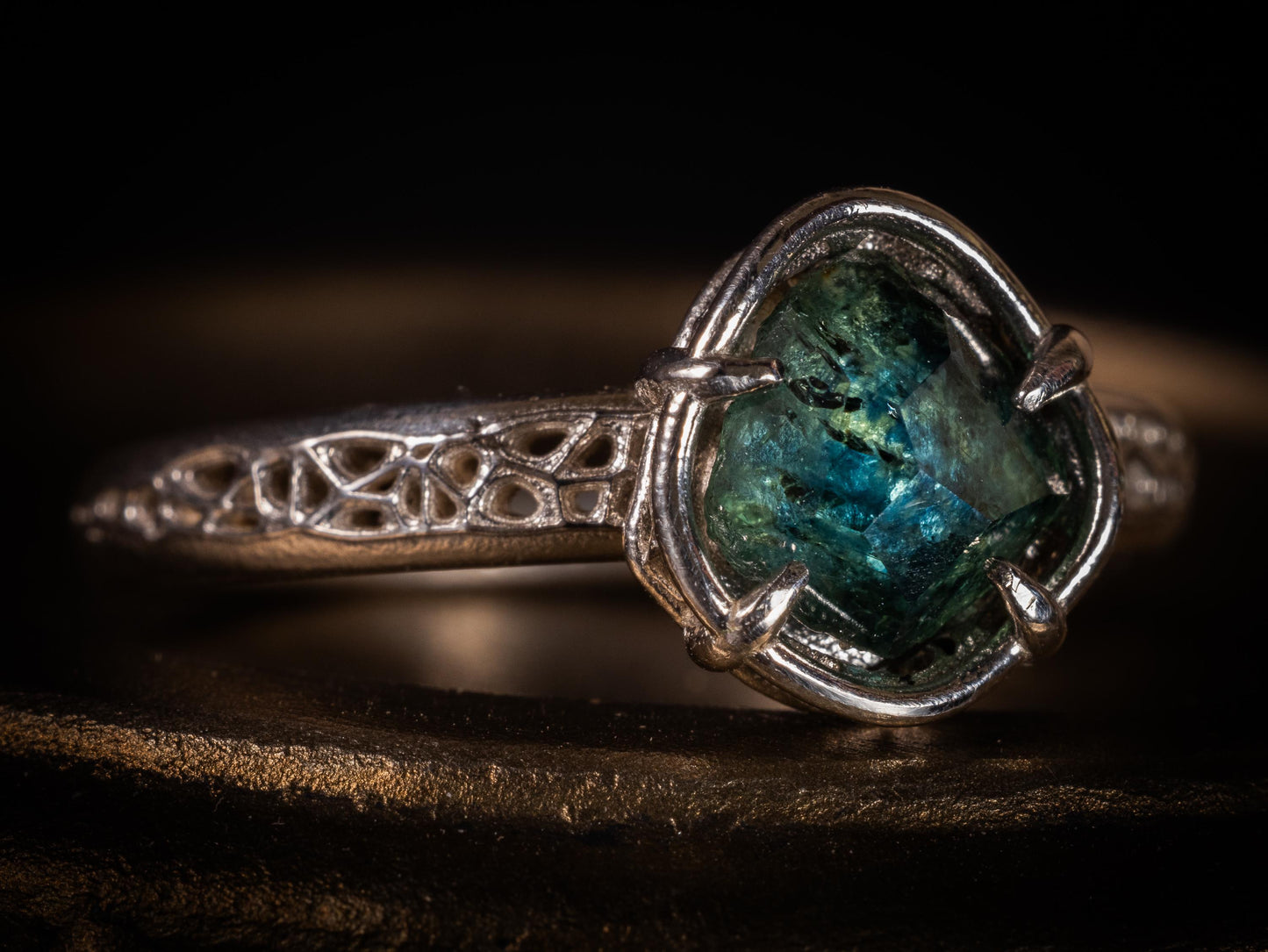 Hand Cut Montana Sapphire Ring | Teal Green Sapphire in Sterling Silver | One of a Kind 