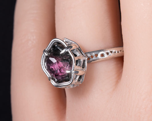 Hand Cut Tourmaline Ring in Sterling Silver | One of a Kind Raspberry Pink Gemstone 