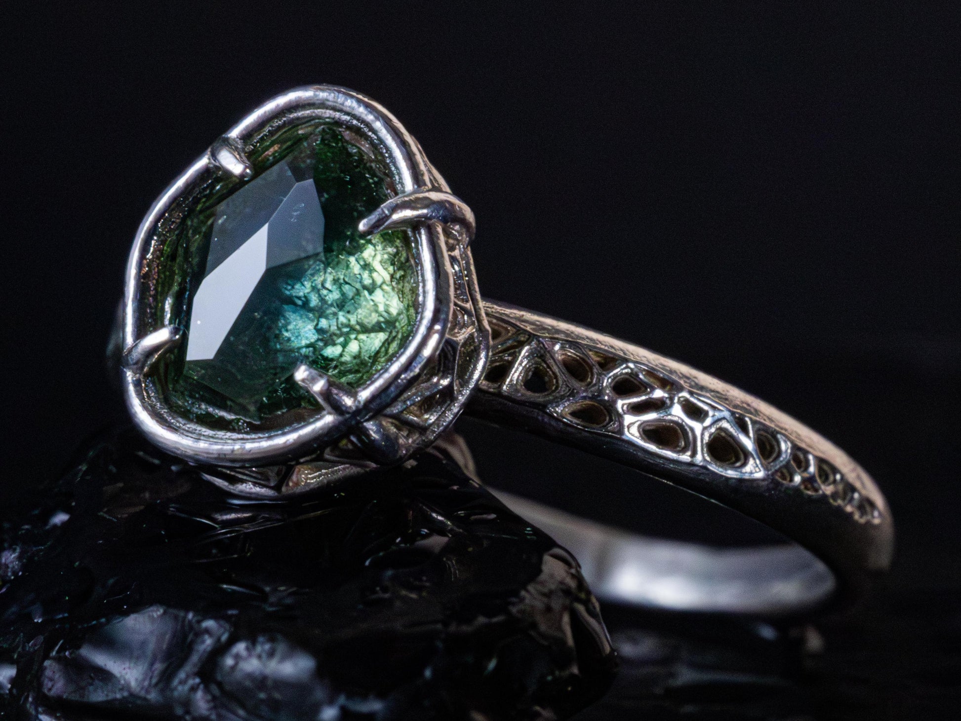 Green Montana Sapphire Ring in Sterling Silver | Hand Cut One of a Kind Gemstone Ring 