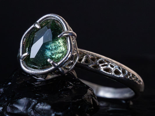 Green Montana Sapphire Ring in Sterling Silver | Hand Cut One of a Kind Gemstone Ring 