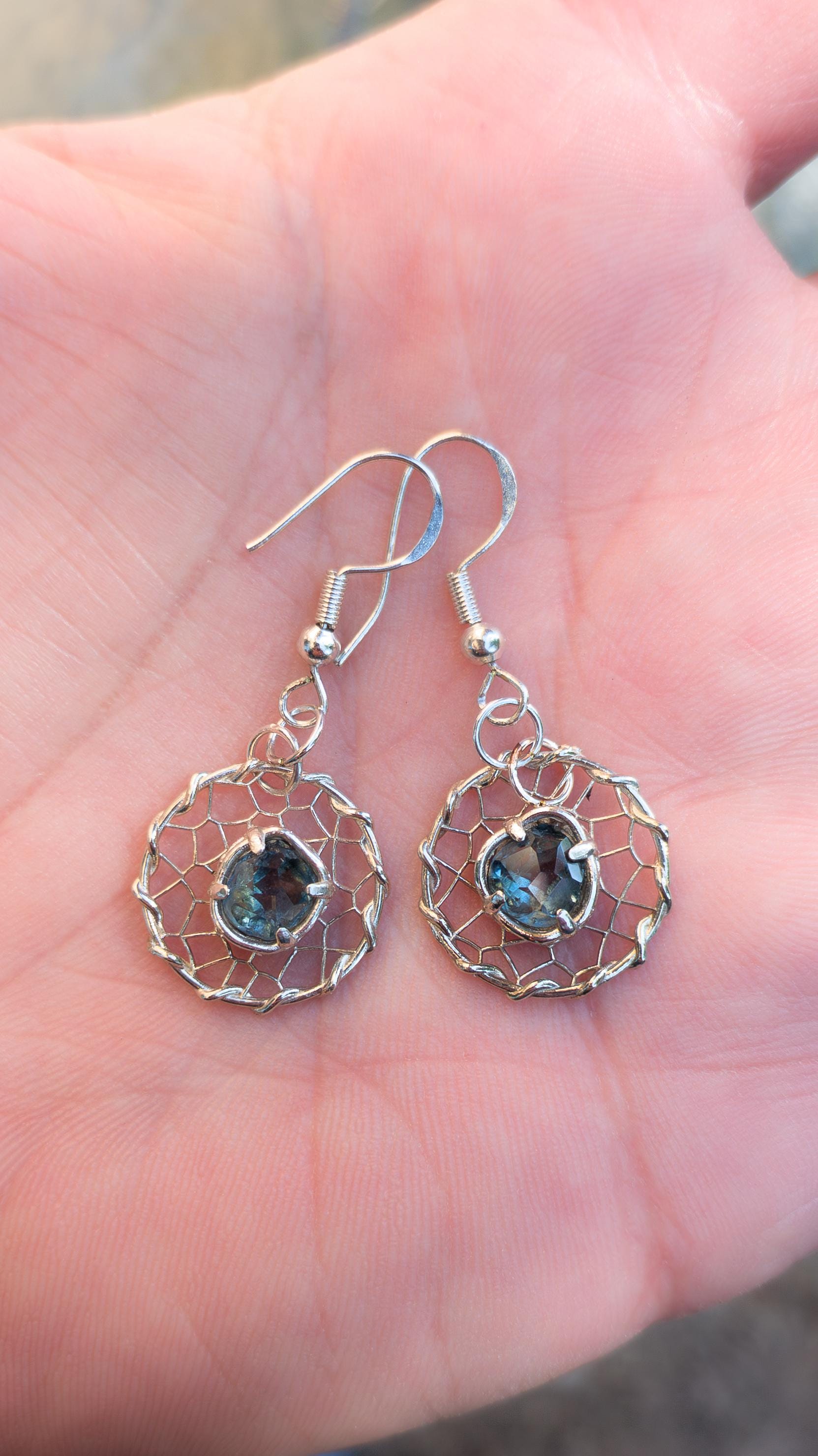 Hand Cut Montana Sapphire Earrings – Sterling Silver Organic Lattice Drops, item 1024 silver, Sapphire