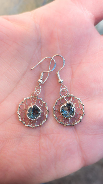 Hand Cut Montana Sapphire Earrings – Sterling Silver Organic Lattice Drops, item 1024 silver, Sapphire