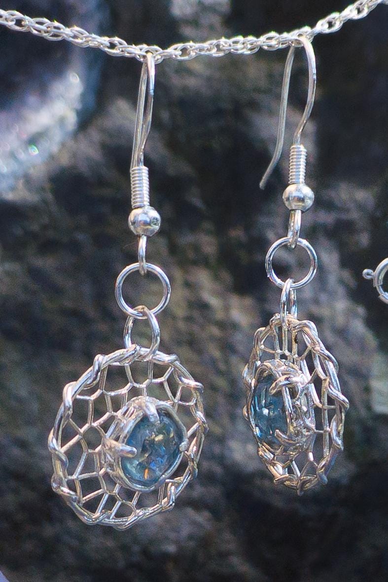 Hand Cut Montana Sapphire Earrings – Sterling Silver Organic Lattice Drops, item 1024 silver, Sapphire