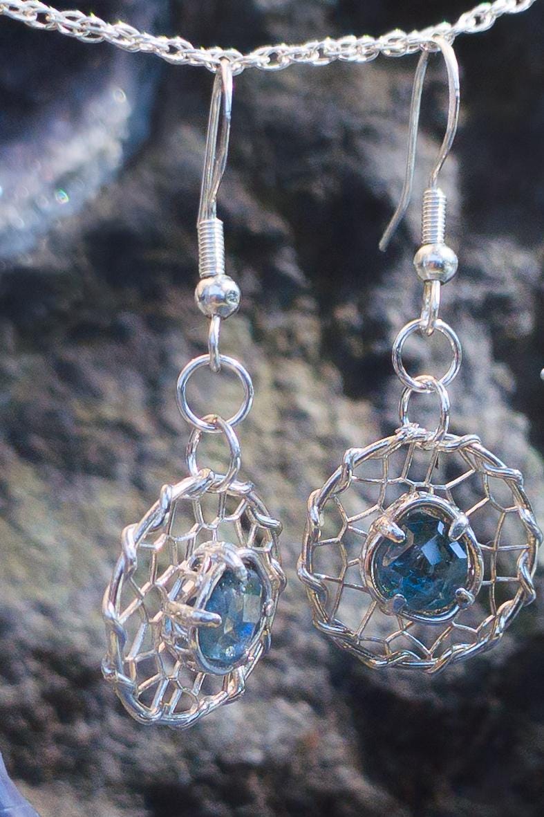 Hand Cut Montana Sapphire Earrings – Sterling Silver Organic Lattice Drops, item 1024 silver, Sapphire