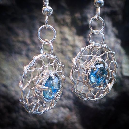 Hand Cut Montana Sapphire Earrings – Sterling Silver Organic Lattice Drops, item 1024 silver, Sapphire