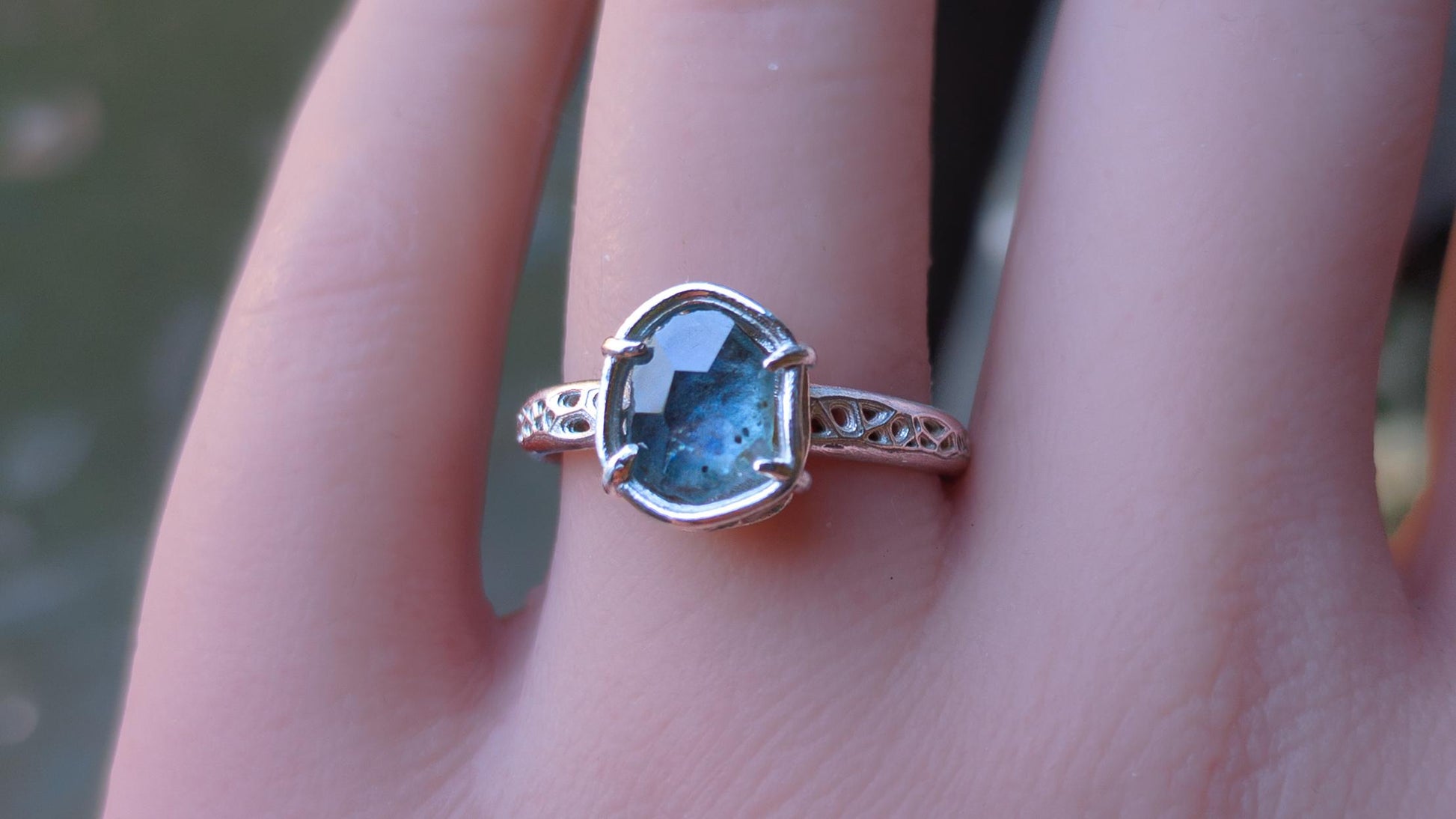 Hand Cut Montana Sapphire Ring | Teal Green Sapphire in Sterling Silver | One of a Kind 