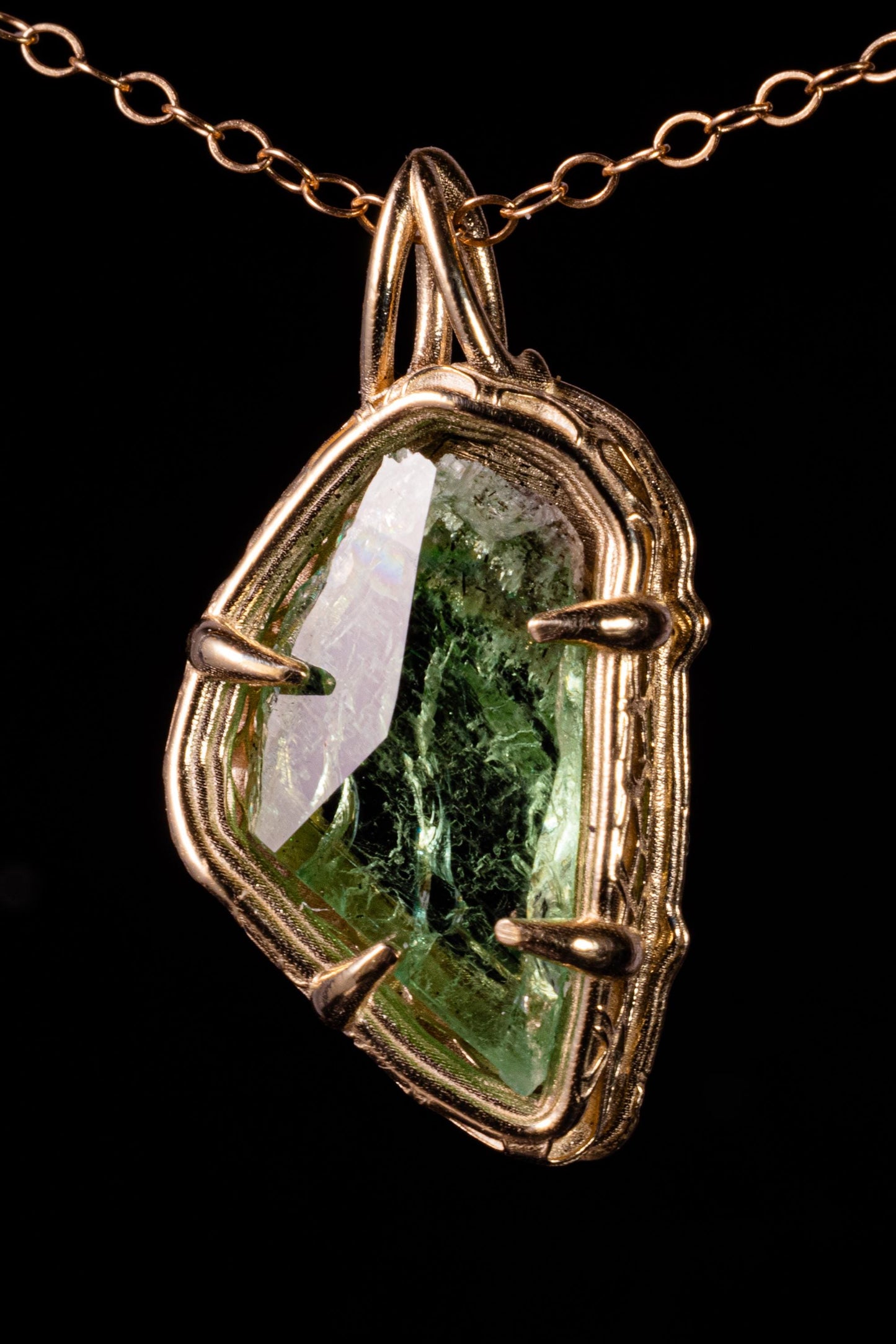 Hiddenite Pendant in 10k Yellow Gold, Hand Cut Green Spodumene Necklace, One of a Kind Gold Gemstone Pendant, Organic Fine Jewelry 
