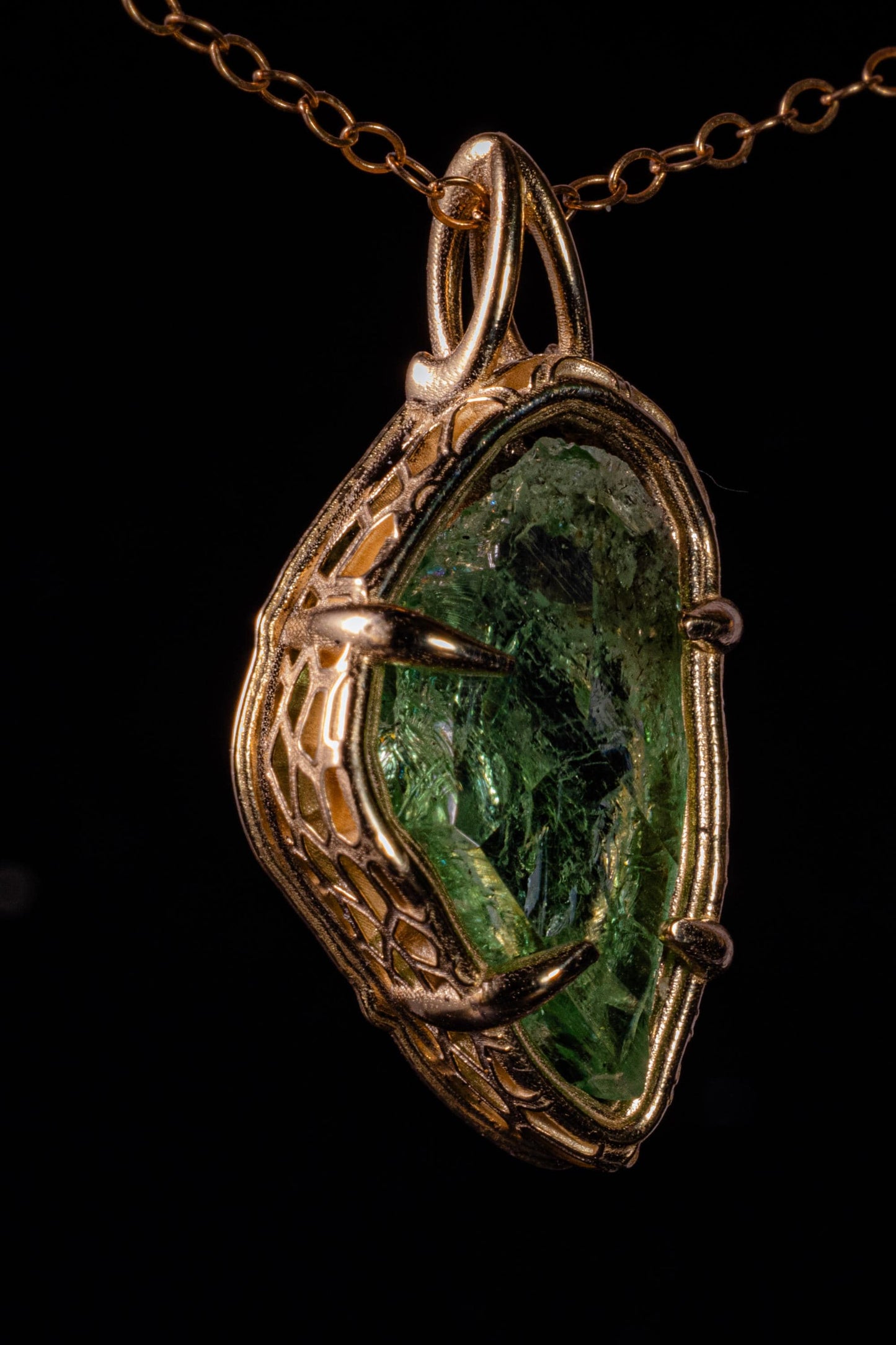 Hiddenite Pendant in 10k Yellow Gold, Hand Cut Green Spodumene Necklace, One of a Kind Gold Gemstone Pendant, Organic Fine Jewelry 