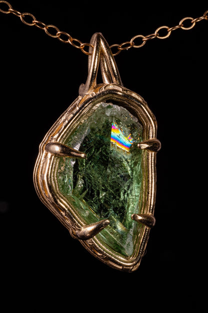 Hiddenite Pendant in 10k Yellow Gold, Hand Cut Green Spodumene Necklace, One of a Kind Gold Gemstone Pendant, Organic Fine Jewelry 