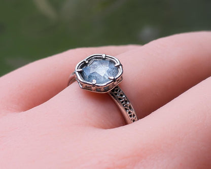 Hand Cut Montana Sapphire Ring in Sterling Silver | One of a Kind Artisan Sapphire Ring | Natural Blue Sapphire | Size 7.25 