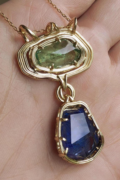 The Verdant Relic | Hiddenite & Tanzanite Pendant in Solid 18k Gold | One of a Kind 