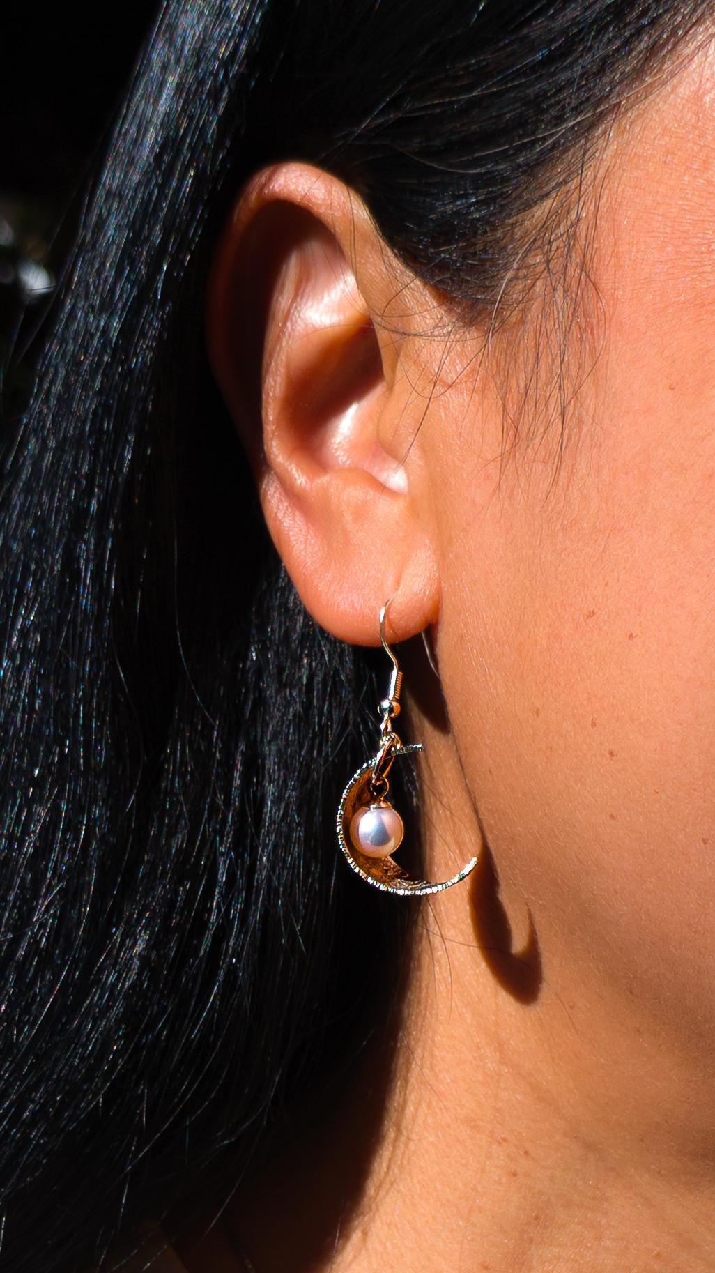 Sterling Silver Crescent Moon Pearl Earrings | 7mm Akoya Pearls | Celestial Lunar Jewelry | Handmade Moon Earrings 