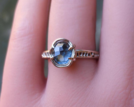 Natural Unheated Montana Sapphire Ring in 10K White Gold | Hand Cut | One of a Kind Artisan Ring | Size 7.25 