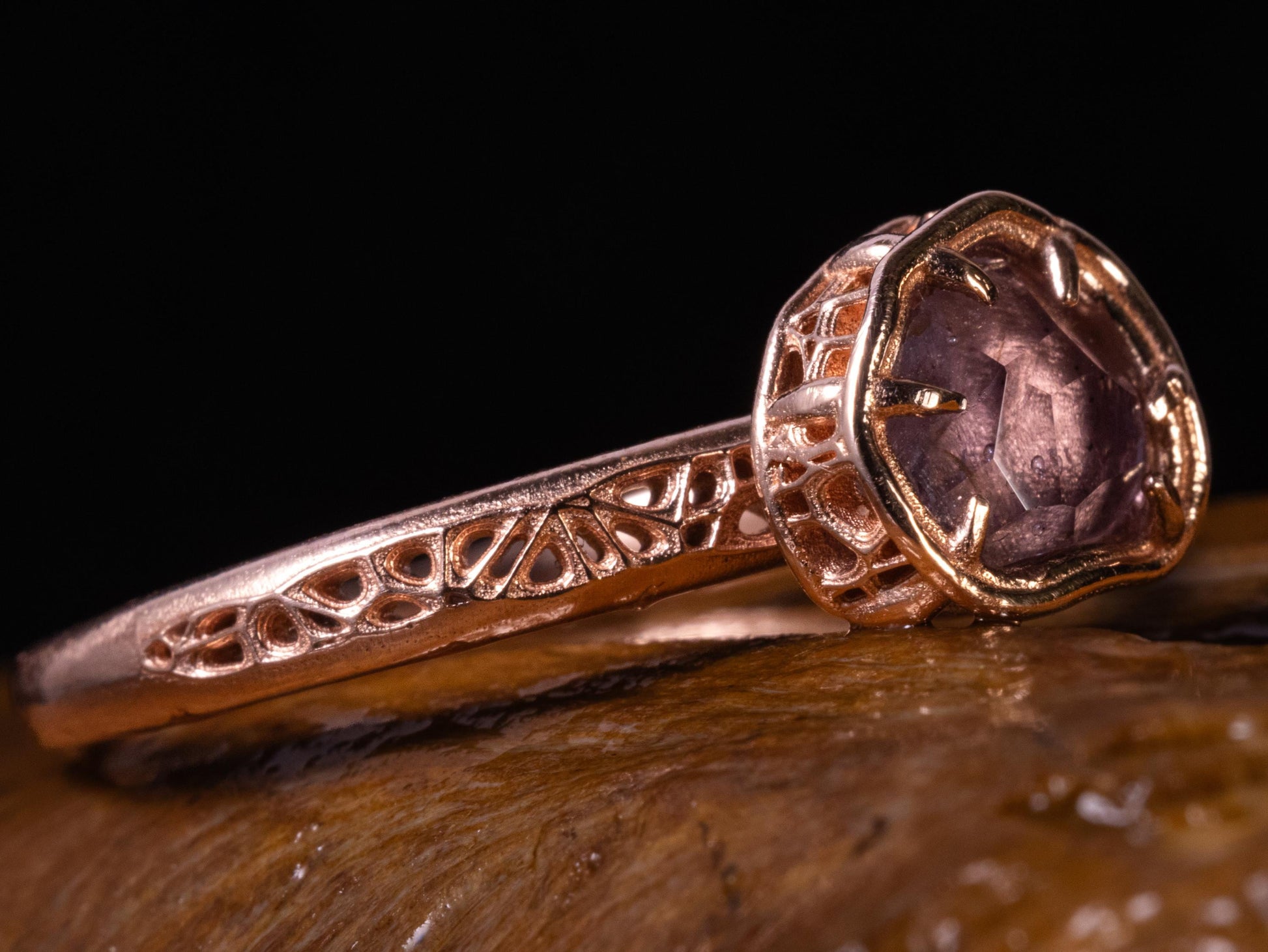 Natural Pink Spinel Ring in 10K Rose Gold, Horizontal Organic Gemstone Ring 