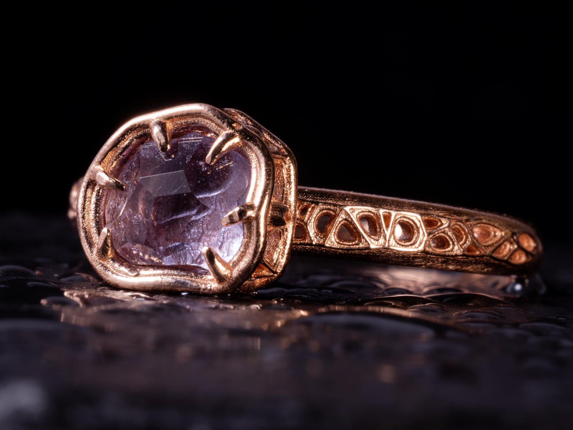 Natural Pink Spinel Ring in 10K Rose Gold, Horizontal Organic Gemstone Ring 