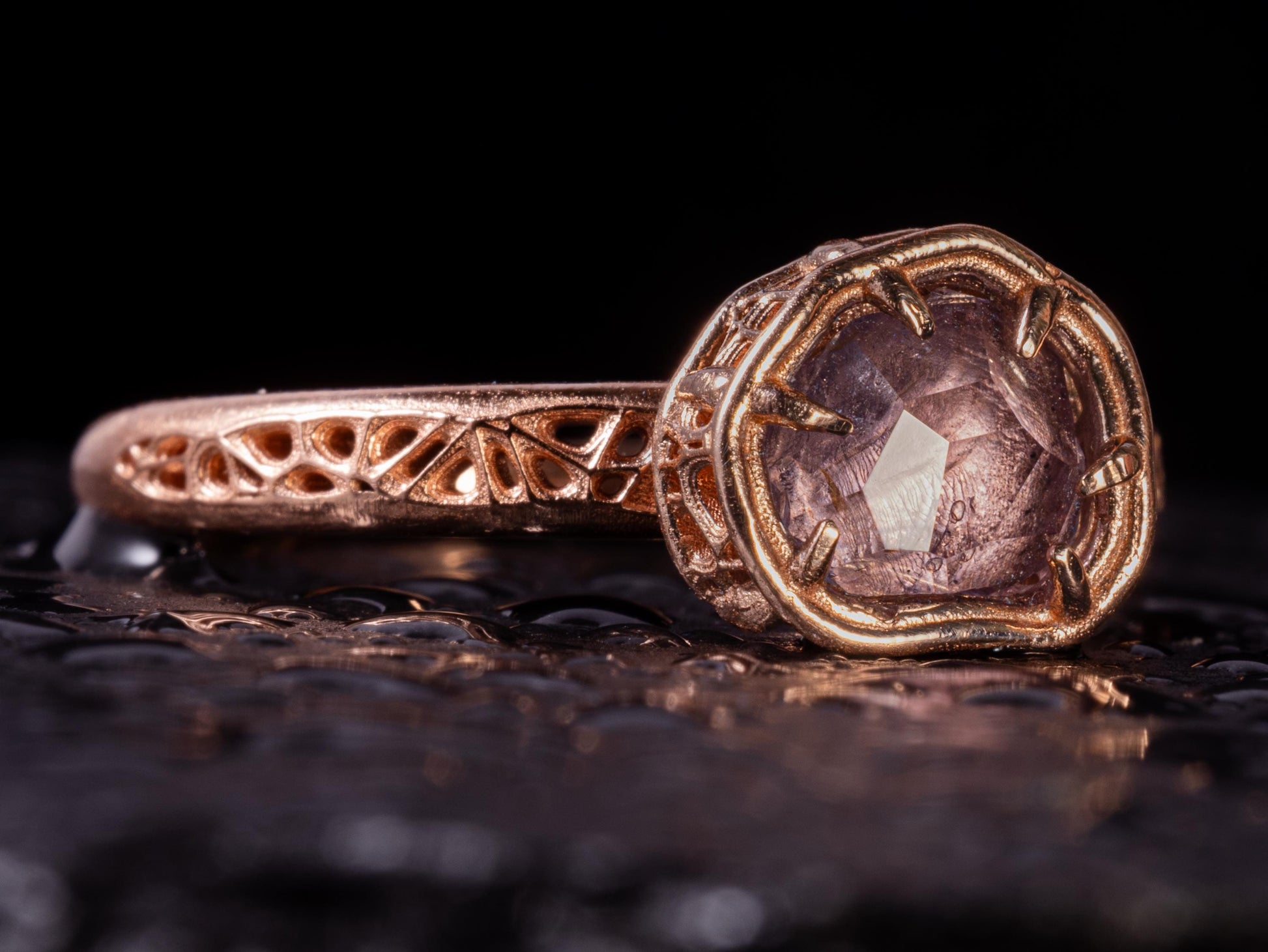 Natural Pink Spinel Ring in 10K Rose Gold, Horizontal Organic Gemstone Ring 