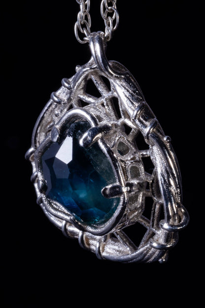 Hand Cut Montana Sapphire Sterling Silver Pendant - Dreamcatcher Necklace item 1009 blue sapphire, sapphire pendant, silver pendant, sterling silver, artisan necklace, statement pendant, one of a kind, sculptural jewelry, nature inspired, blue gemstone, fantasy jewelry, handmade pendant, organic jewelry