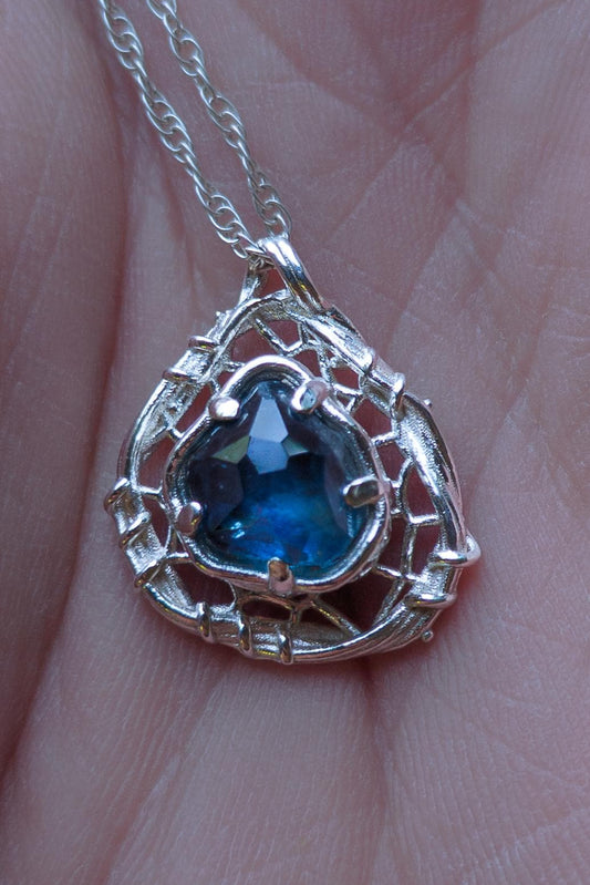 Hand Cut Montana Sapphire Sterling Silver Pendant - Dreamcatcher Necklace item 1009 blue sapphire, sapphire pendant, silver pendant, sterling silver, artisan necklace, statement pendant, one of a kind, sculptural jewelry, nature inspired, blue gemstone, fantasy jewelry, handmade pendant, organic jewelry