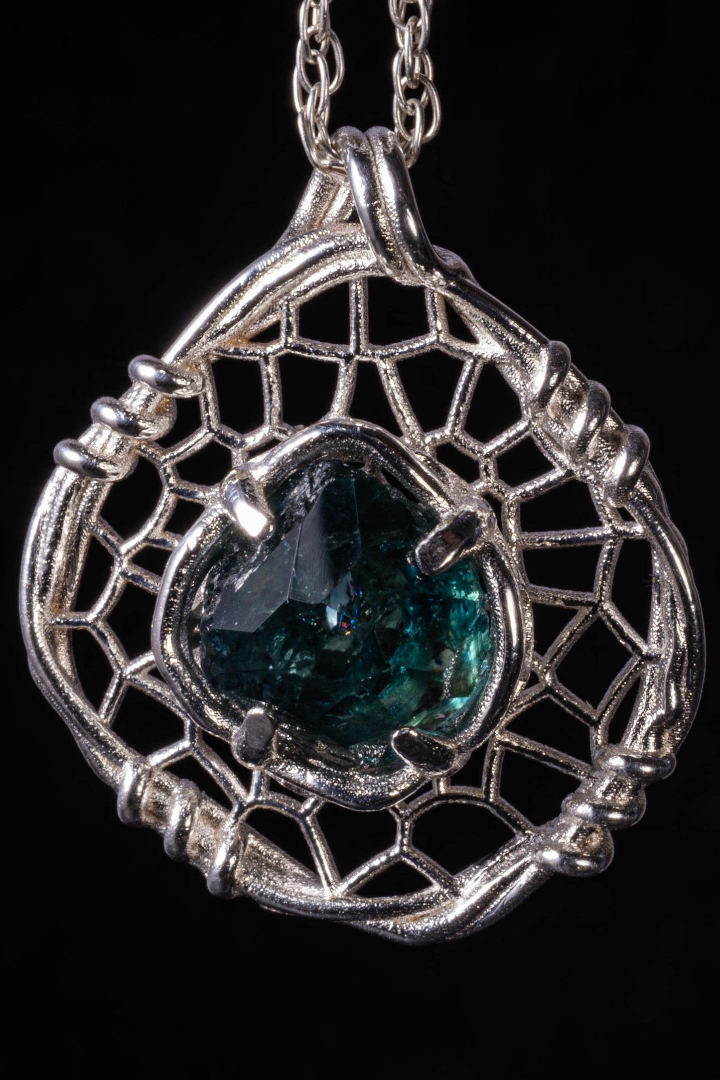 Hand Cut Montana Sapphire Sterling Silver Pendant - Dreamcatcher Necklace item 1007 Sterling silver, Blue Sapphire, Montana Sapphire