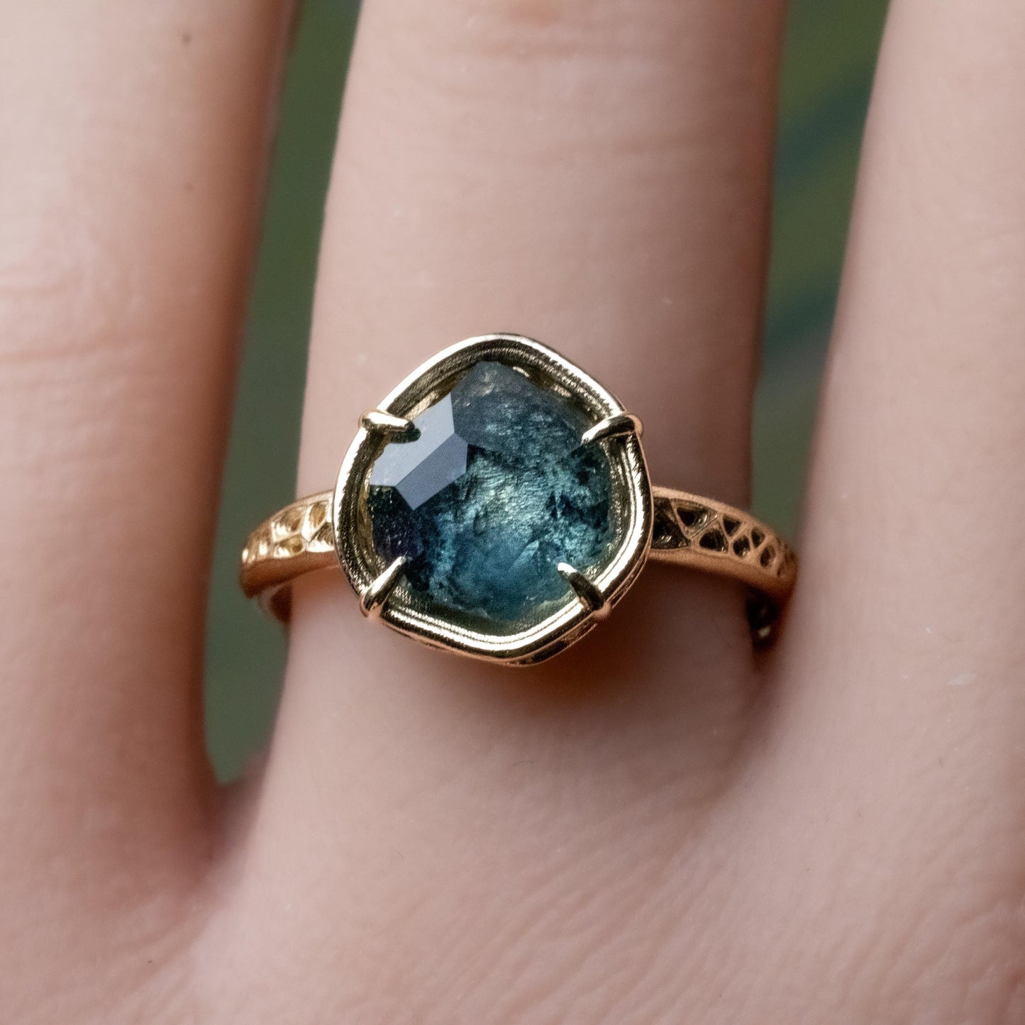 Natural Montana Sapphire Ring in 14k Yellow Gold | One of a Kind Organic Sapphire Ring | Hand Cut Sapphire | Size 7.25 