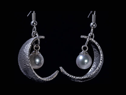 Sterling Silver Crescent Moon Pearl Earrings | 7mm Akoya Pearls | Celestial Lunar Jewelry | Handmade Moon Earrings 
