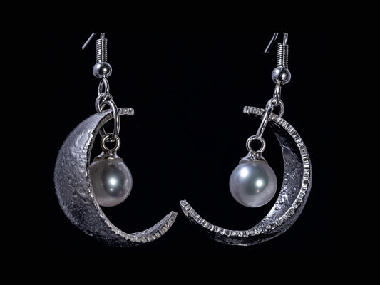 Sterling Silver Crescent Moon Pearl Earrings | 7mm Akoya Pearls | Celestial Lunar Jewelry | Handmade Moon Earrings 
