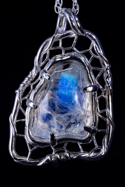 Portal Cut Moonstone Pendant in Sterling Silver, Blue Flash Organic Web Necklace, One of a Kind Artisan Jewelry 