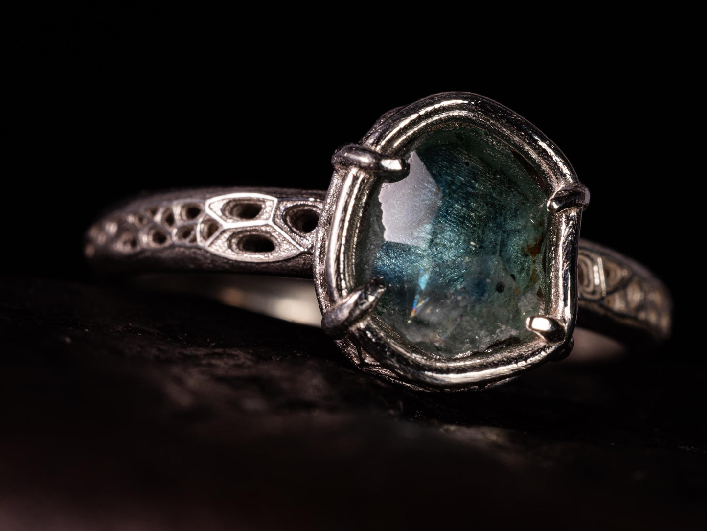 Hand Cut Montana Sapphire Ring | Teal Green Sapphire in Sterling Silver | One of a Kind 