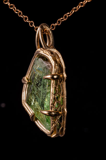 Hiddenite Pendant in 10k Yellow Gold, Hand Cut Green Spodumene Necklace, One of a Kind Gold Gemstone Pendant, Organic Fine Jewelry 