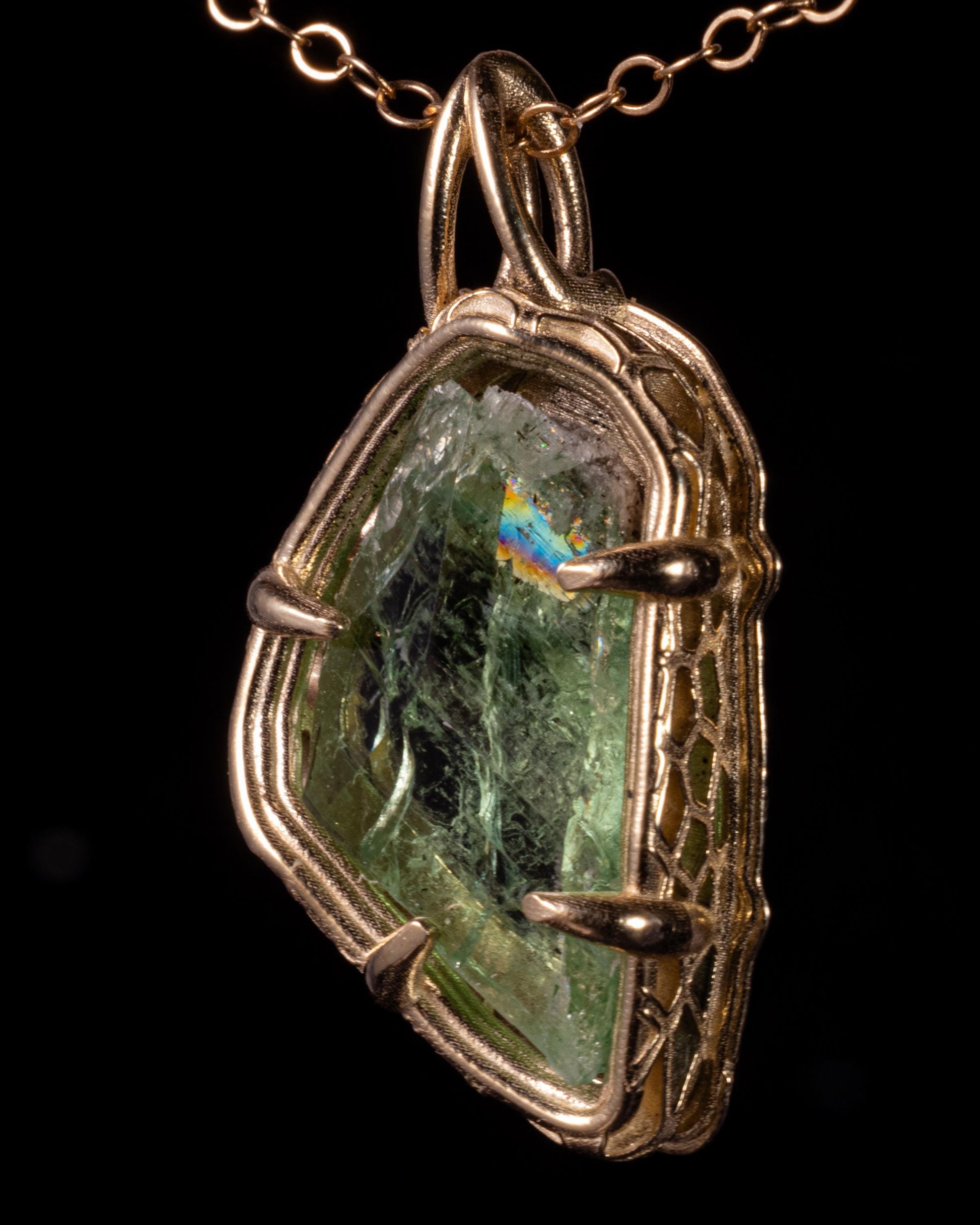 Hiddenite Pendant in 10k Yellow Gold, Hand Cut Green Spodumene Necklace, One of a Kind Gold Gemstone Pendant, Organic Fine Jewelry 